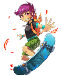 Size: 600x751 | Tagged: safe, artist:tzc, scootaloo, equestria girls, g4, backpack, bandage, cutie mark, female, grin, simple background, skateboard, smiling, solo, the cmc's cutie marks, tomboy, white background