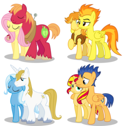 Size: 2096x2096 | Tagged: safe, artist:anarchemitis, big macintosh, braeburn, flash sentry, fluttershy, prince blueblood, spitfire, sunset shimmer, trixie, earth pony, pegasus, pony, unicorn, g4, crack shipping, female, high res, male, ship:bluetrix, ship:flashimmer, ship:fluttermac, shipping, show accurate, simple background, spitburn, straight, transparent background, vector