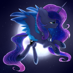 Size: 2000x2000 | Tagged: safe, artist:luna756, princess luna, g4, female, flying, high res, moon, night, solo