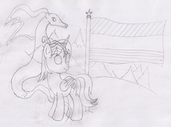 Size: 1808x1341 | Tagged: safe, artist:parclytaxel, oc, oc only, oc:parcly taxel, oc:spindle, alicorn, pony, windigo, albumin flask, alicorn oc, flag, lineart, looking up, monochrome, mountain, mountain range, pencil drawing, traditional art, windigo oc