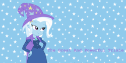 Size: 8824x4464 | Tagged: safe, artist:mlprocker123, trixie, equestria girls, g4, absurd resolution, cape, clothes, female, hand on hip, oh you, outfit, solo, trixie's hat, vector, wallpaper