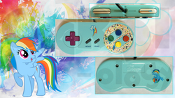 Size: 1280x720 | Tagged: safe, artist:cardi-ology, artist:saeiter, artist:squirrel734, rainbow dash, g4, controller, customized toy, cutie mark, effects, eyes closed, irl, photo, super nintendo, vector, wallpaper