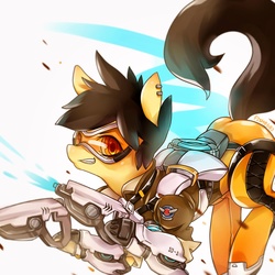 Size: 3000x3000 | Tagged: safe, artist:fish0602, artist:一条鱼丶, pony, bodysuit, high res, overwatch, ponified, solo, tracer, video game, weapon