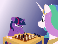 Size: 1600x1200 | Tagged: safe, artist:pondersketch, princess celestia, twilight sparkle, alicorn, pony, g4, chess, duo, duo female, female, gradient background, mare, playing, scrunchy face