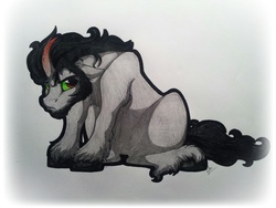 Size: 1632x1224 | Tagged: safe, artist:lupiarts, king sombra, g4, male, sad, sitting, solo, traditional art, unshorn fetlocks