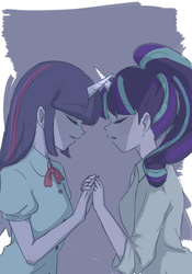 Size: 700x1000 | Tagged: safe, artist:misochikin, starlight glimmer, twilight sparkle, equestria girls, g4, horn, horned humanization, horns are touching, humanized