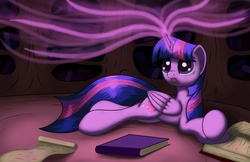 Size: 1700x1100 | Tagged: safe, artist:geoberos, artist:grennadder, twilight sparkle, alicorn, pony, g4, belly, big hooves, book, concerned, female, folded wings, glowing, glowing horn, golden oaks library, horn, indoors, long legs, lying down, magic, night, on side, prone, reading, solo, twilight sparkle (alicorn), wings