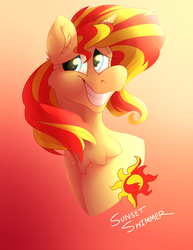 Size: 2210x2860 | Tagged: safe, artist:aegann, artist:ihasjessie-kat, sunset shimmer, pony, unicorn, g4, chest fluff, collaboration, ear fluff, female, gradient background, grin, high res, smiling, solo