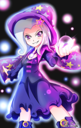 Size: 1000x1572 | Tagged: safe, artist:banzatou, trixie, human, g4, blushing, boots, clothes, female, grin, hat, humanized, looking at you, shoes, skirt, smiling, solo, trixie's hat