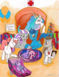 Size: 2423x3153 | Tagged: safe, artist:invalid-david, night light, nurse redheart, princess celestia, smarty pants, twilight sparkle, twilight velvet, alicorn, earth pony, pony, unicorn, g4, baby, babylight sparkle, balloon, doctor, female, filly, filly twilight sparkle, hospital, mama velvet, newborn, rug, sleeping, stroller, traditional art, younger