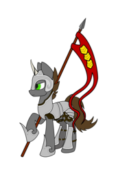 Size: 1500x2000 | Tagged: safe, artist:renderstarfall, oc, oc only, oc:ren, pony, unicorn, angry, armor, flag, solo, spear, weapon