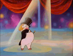 Size: 474x360 | Tagged: safe, screencap, princess porcina, shrawk, pig, raptorian, g1, my little pony 'n friends, the glass princess, animated, bowtie, clothes, dancing, garter, gif, hat, spotlight, tailcoat, top hat, wheel o feet, you know for kids