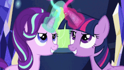 Size: 864x486 | Tagged: safe, edit, screencap, starlight glimmer, twilight sparkle, alicorn, pony, g4, spice up your life, animated, duo, duo female, female, golden oaks chandelier, gritted teeth, looking up, loop, magic, orb, slow motion, smiling, twilight sparkle (alicorn), twilight's castle