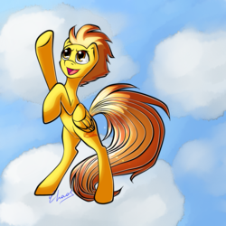 Size: 2000x2000 | Tagged: safe, artist:chaosangeldesu, spitfire, pegasus, pony, g4, cloud, female, high res, mare, on a cloud, open mouth, rearing, signature, solo, standing on a cloud