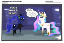 Size: 2223x1477 | Tagged: safe, artist:perfectblue97, princess celestia, princess luna, gamer luna, g4, censored vulgarity, clothes, comic, grawlixes, headphones, headset, hoodie, pointing, pointy ponies, socks