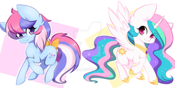 Size: 1024x515 | Tagged: dead source, safe, artist:teranen, princess celestia, sweet stuff, g1, g4, :3, colored pupils, cute, cutelestia, g1 to g4, generation leap, looking at you, raised hoof, smiling, spread wings, sweet sweet stuff, tail bow, watermark