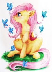 Size: 1024x1422 | Tagged: safe, artist:blaadie, fluttershy, butterfly, pegasus, pony, g4, female, hair styling, looking at something, mane styling, mare, raised hoof, sitting, solo, traditional art, watermark