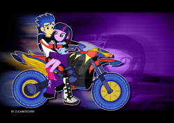 Size: 1600x1131 | Tagged: safe, artist:jucamovi1992, flash sentry, twilight sparkle, equestria girls, g4, my little pony equestria girls: friendship games, duo, female, male, motocross outfit, motorcross, motorcycle, ship:flashlight, shipping, straight