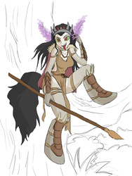 Size: 900x1200 | Tagged: artist needed, safe, oc, oc only, oc:salai, satyr, offspring, parent:king sombra, parent:queen umbra, solo, spear, tribal, weapon