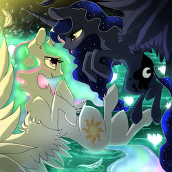 Size: 1024x1024 | Tagged: safe, artist:96paperkuts, princess celestia, princess luna, g4, :p, bedroom eyes, blushing, cave, eye contact, female, flower, fluffy, flying, incest, lesbian, missing accessory, morning, on back, open mouth, pond, ship:princest, shipping, sisters, smiling, spread wings, tongue out, underhoof