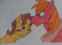 Size: 1187x871 | Tagged: safe, artist:tejedora, big macintosh, caramel, earth pony, pony, g4, gay, graph paper, lined paper, male, ship:caramac, shipping, stallion, traditional art