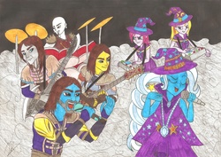 Size: 3490x2474 | Tagged: safe, artist:metaldudepl666, fuchsia blush, lavender lace, trixie, equestria girls, g4, my little pony equestria girls: rainbow rocks, andré olbrich, armor, axe guitar, battle of the bands, blind guardian, dragon guitar, drums, electric guitar, equestria girls-ified, female, frederik ehmke, guitar, hansi kursch, heavy metal, high res, knight, mage, magic, marcus siepen, metal, musical instrument, power metal, robes, trixie and the illusions, warrior, warriors