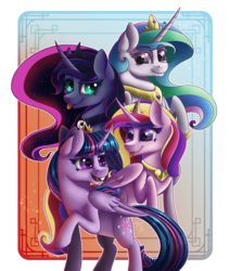 Size: 1438x1700 | Tagged: safe, artist:midnightsix3, princess cadance, princess celestia, princess luna, twilight sparkle, alicorn, pony, g4, alicorn tetrarchy, raised hoof, tongue out, twilight sparkle (alicorn)