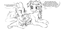 Size: 4395x2150 | Tagged: safe, artist:silfoe, spike, twilight sparkle, oc, oc:eventide glisten, alicorn, dragon, pony, other royal book, g4, alicorn oc, baby, baby pony, black and white, dialogue, female, grayscale, magical lesbian spawn, male, mare, monochrome, next generation, offspring, parent:princess luna, parent:twilight sparkle, parents:twiluna, simple background, sketch, speech bubble, twilight sparkle (alicorn), uncle and niece, white background