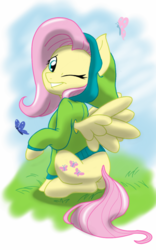 Size: 1000x1600 | Tagged: safe, artist:theroyalprincesses, fluttershy, butterfly, g4, clothes, female, hoodie, sitting, solo, spread wings, wink