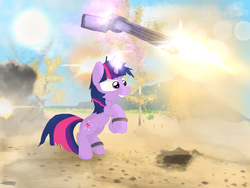 Size: 2048x1536 | Tagged: safe, artist:fuzzyfox11, twilight sparkle, pony, unicorn, g4, accessory, explosion, female, gun, magic, mare, smiling, solo, tree, unicorn twilight, weapon