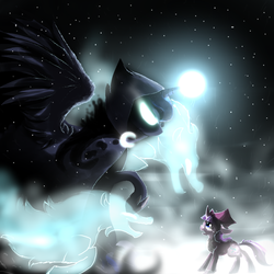 Size: 1024x1024 | Tagged: safe, artist:96paperkuts, princess luna, snowfall frost, spirit of hearth's warming yet to come, starlight glimmer, windigo, a hearth's warming tail, g4, epic, floppy ears, frown, glowing eyes, glowing horn, horn, magic, open mouth, raised hoof, sad, snow, spread wings