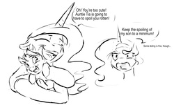 Size: 1280x777 | Tagged: safe, artist:silfoe, princess celestia, princess luna, oc, oc:pterus, alicorn, bat pony, pony, other royal book, royal sketchbook, g4, adopted offspring, black and white, cute, dialogue, doodle, female, grayscale, mare, monochrome, parent:princess luna, parent:twilight sparkle, parents:twiluna, royal sisters, simple background, speech bubble, white background