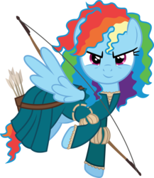 Size: 1629x1878 | Tagged: safe, artist:cloudy glow, rainbow dash, pegasus, pony, g4, arrow, brave (movie), clothes, clothes swap, cosplay, costume, disney, female, mare, merida, pixar, simple background, solo, spread wings, transparent background, vector, wings