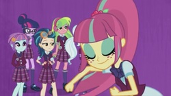 Size: 1024x572 | Tagged: safe, screencap, indigo zap, lemon zest, sci-twi, sour sweet, sugarcoat, sunny flare, twilight sparkle, equestria girls, g4, my little pony equestria girls: friendship games, clothes, crystal prep academy uniform, crystal prep shadowbolts, ponytail, school uniform