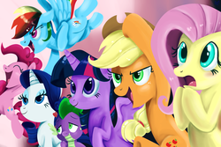 Size: 2100x1400 | Tagged: safe, artist:kyle23emma, applejack, fluttershy, pinkie pie, rainbow dash, rarity, spike, twilight sparkle, alicorn, pony, g4, mane six, twilight sparkle (alicorn)