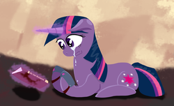 Size: 2560x1560 | Tagged: safe, artist:kalimdor89, twilight sparkle, pony, g4, book, crying, female, magic, reading, solo