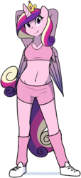 Size: 874x1920 | Tagged: safe, artist:furrgroup, princess cadance, anthro, plantigrade anthro, g4, arm behind head, armpits, belly button, clothes, female, leg warmers, midriff, shoes, shorts, simple background, sneakers, solo, sports bra, sports shorts, stretching, white background