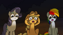 Size: 2400x1350 | Tagged: safe, artist:fimflamfilosophy, applejack, rainbow dash, rarity, fanfic:the star in yellow, rainbow dash presents, g4, open mouth, reaction image, shocked
