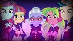 Size: 1280x720 | Tagged: safe, indigo zap, lemon zest, sour sweet, sugarcoat, sunny flare, equestria girls, g4, my little pony equestria girls: friendship games, angry, clothes, crossed arms, crystal prep academy uniform, crystal prep shadowbolts, headphones, school uniform, unleash the magic