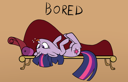 Size: 1196x765 | Tagged: safe, artist:lovepaddles, twilight sparkle, pony, g4, bored, couch, fainting couch, female, majestic as fuck, on back, raised hoof, raspberry, silly, silly pony, solo, text, tongue out, upside down