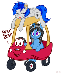 Size: 785x930 | Tagged: safe, artist:higglytownhero, oc, oc:sapphire sights, oc:silver lining, pegasus, pony, unicorn, :p, beep, butts, car, cozy coupe, cute, ear piercing, eyes closed, face of mercy, open mouth, piercing, prone, silly, simple background, sleeping, sleepy, smiling, tongue out, toy, white background