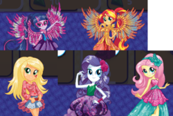 Size: 581x390 | Tagged: safe, applejack, fluttershy, rarity, sci-twi, sunset shimmer, twilight sparkle, equestria girls, equestria girls (app), g4, my little pony equestria girls: legend of everfree, boho, camp fashion show outfit, clothes, dress, equestria girls outfit, gala dress, official app