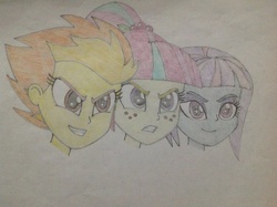 Size: 1034x772 | Tagged: dead source, safe, artist:razethebeast, sour sweet, spitfire, sunny flare, equestria girls, g4, equestria girls-ified, traditional art