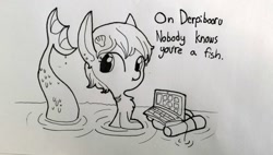 Size: 1677x953 | Tagged: safe, artist:tjpones, derpibooru exclusive, oc, oc only, fish, merpony, pony, derpibooru, chest fluff, colored, computer, cute, ear piercing, fangs, female, gills, hair ornament, laptop computer, lineart, looking at you, mare, maybe salmon, meta, monochrome, on the internet nobody knows you're a dog, op is a fish, piercing, scales, seashell, smiling, solo, traditional art, wat, water, wet