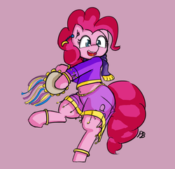 Size: 1280x1237 | Tagged: safe, artist:pabbley, pinkie pie, friendship is witchcraft, g4, belly button, bipedal, clothes, cute, diapinkes, ear fluff, female, gypsy pie, midriff, musical instrument, open mouth, purple background, simple background, solo, tambourine