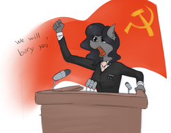 Size: 1280x997 | Tagged: safe, artist:marsminer, oc, oc only, oc:nikita, anthro, communism, dialogue, flag, nikita khrushchev, parody, podium, solo, soviet union