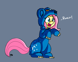 Size: 1280x1021 | Tagged: safe, artist:pabbley, fluttershy, ursa minor, g4, clothes, costume, cute, dialogue, female, kigurumi, rawr, shyabetes, simple background, solo