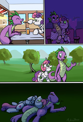 Size: 1364x2000 | Tagged: safe, artist:shieltar, spike, sweetie belle, robot, g4, comic, cutie mark, female, male, older, ship:spikebelle, shipping, straight, sweetie bot, the cmc's cutie marks