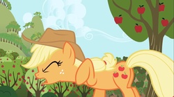 Size: 1100x618 | Tagged: safe, screencap, applejack, earth pony, pony, applebuck season, g4, butt, female, freckles, mare, open mouth, plot, solo