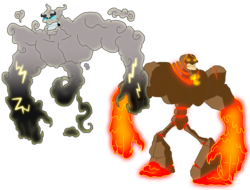 Size: 2275x1731 | Tagged: safe, artist:moheart7, erebus, lavan, air elemental, cloud demon, elemental, fire elemental, lava demon, g1, g4, antagonist, brothers, cloud, duo, g1 to g4, generation leap, lava, lightning, male, monster, redesign, simple background, transparent background